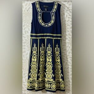NWT INC Women’s S Blue Yellow Boho Embroidered Empire Waist Short Dress